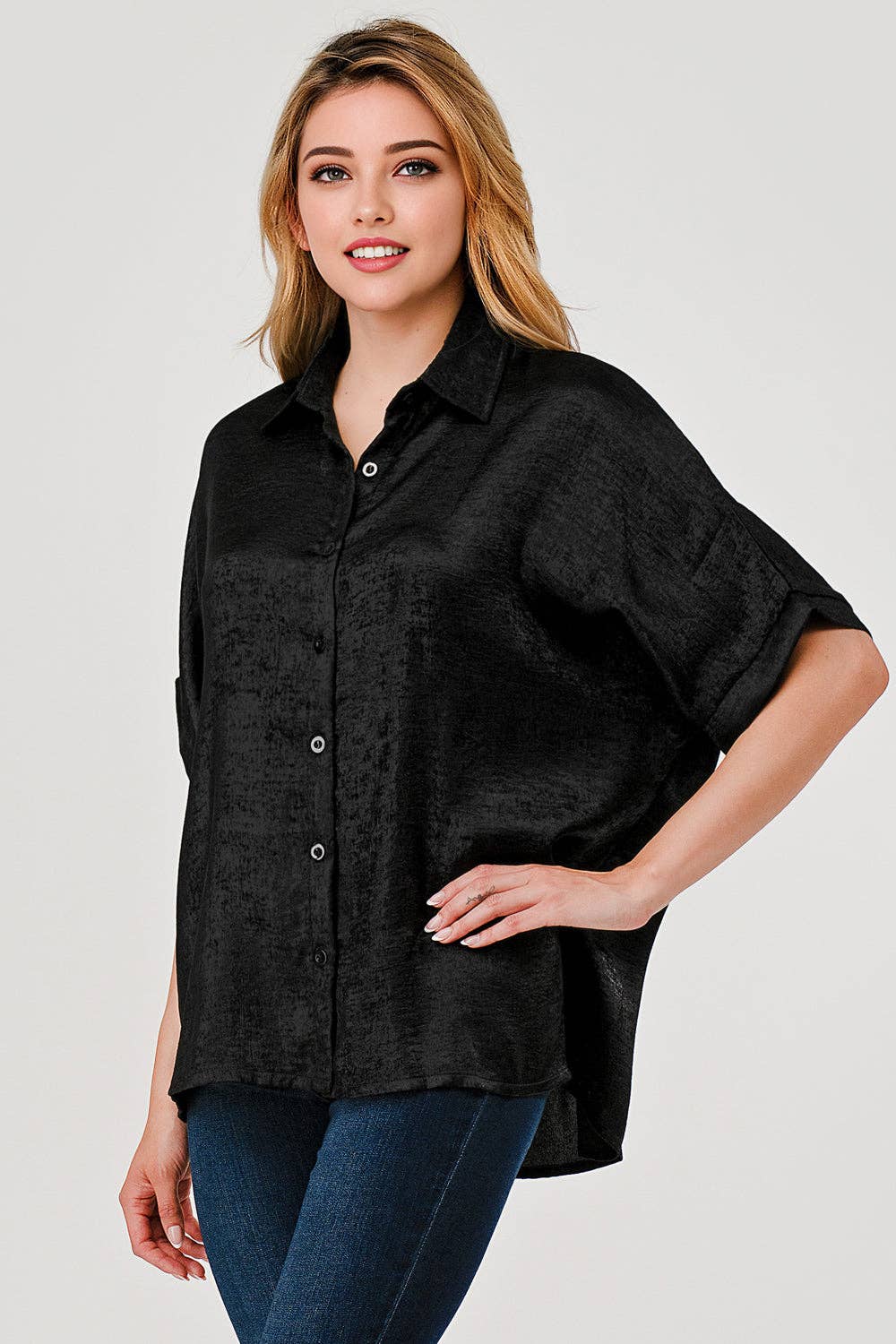 Sonya Shimmer Metallic Foil Button Down Top Black