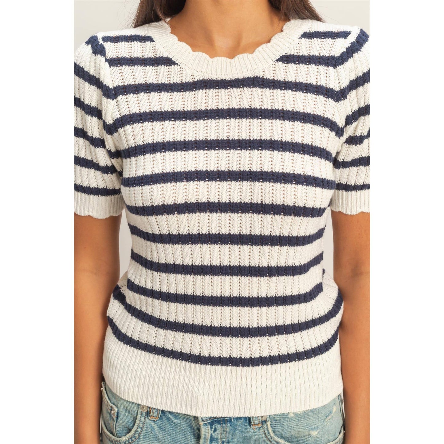 Striped Scallop Edge Puff Sleeve Knit Top
