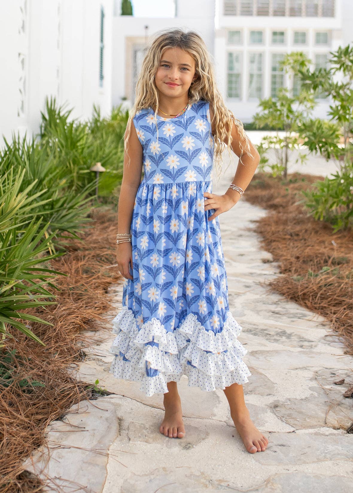 Girls Olivia 3 Ruffle Blue Floral Spring Summer Dress