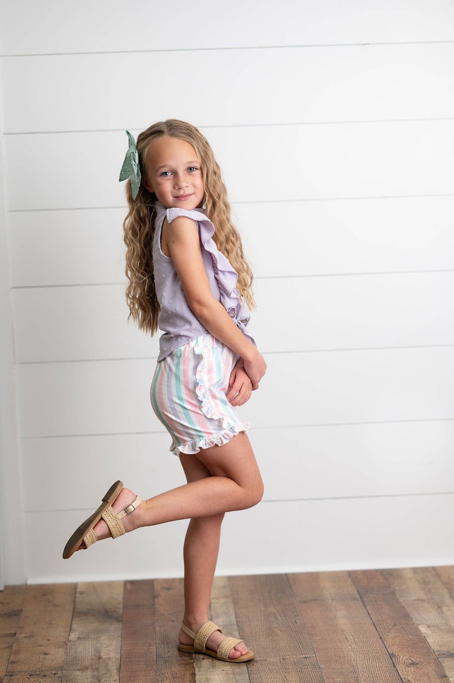 Kids Lavender Ruffle Top & Pastel Stripe Spring Short Set