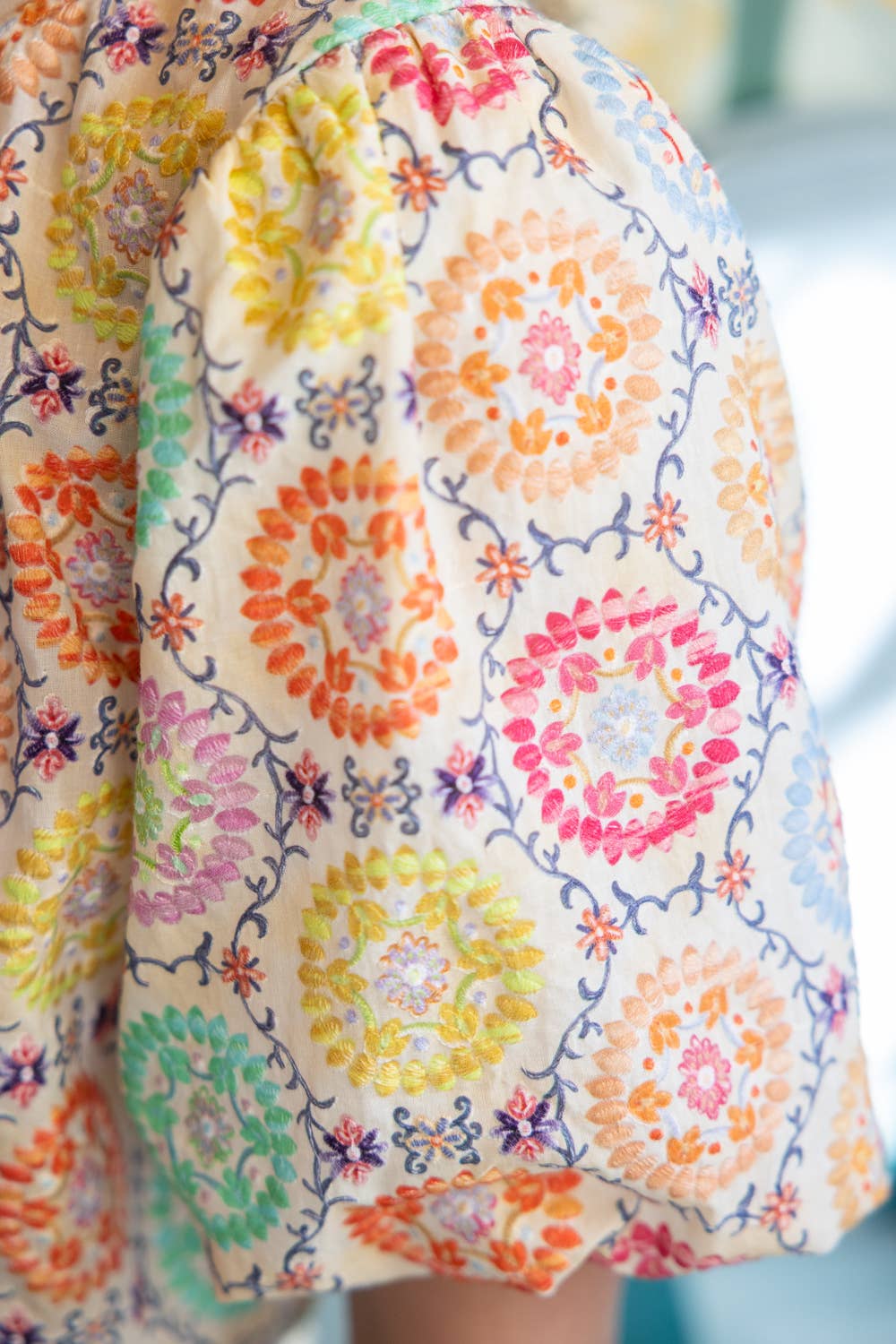 36712 Floral Embroidered Print Bubble Sleeve Top