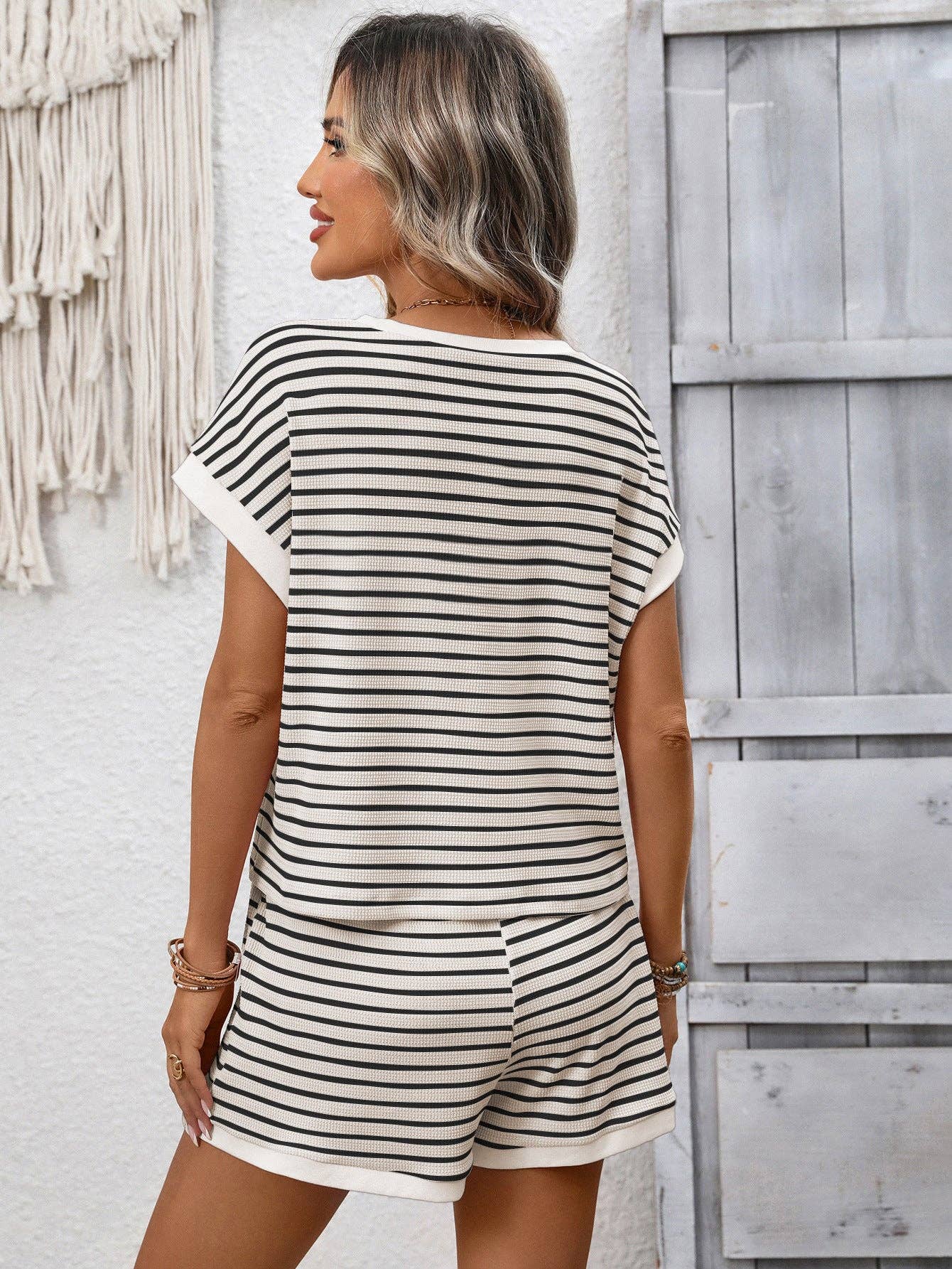 Striped Short Sleeve Top & Shorts Lounge Set