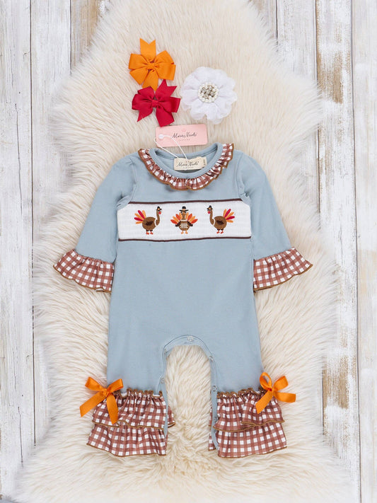 Dusty Blue & Brown Gingham Smocked Turkeys Ruffle Romper