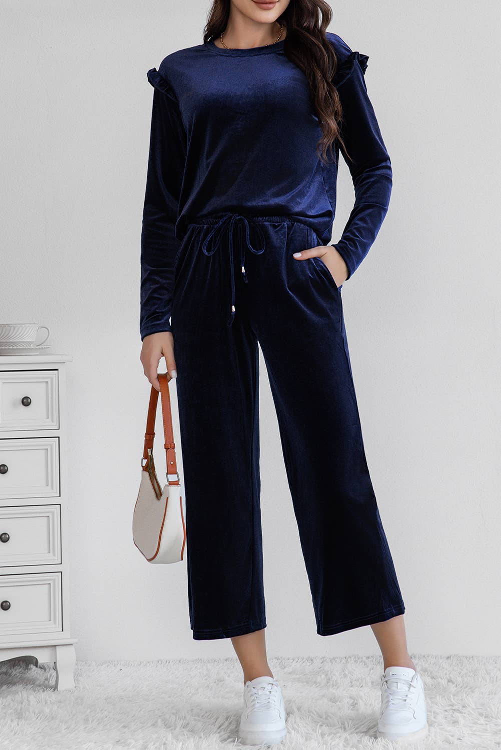 Solid Velvet Long Sleeve Top and High Waist Pants Set