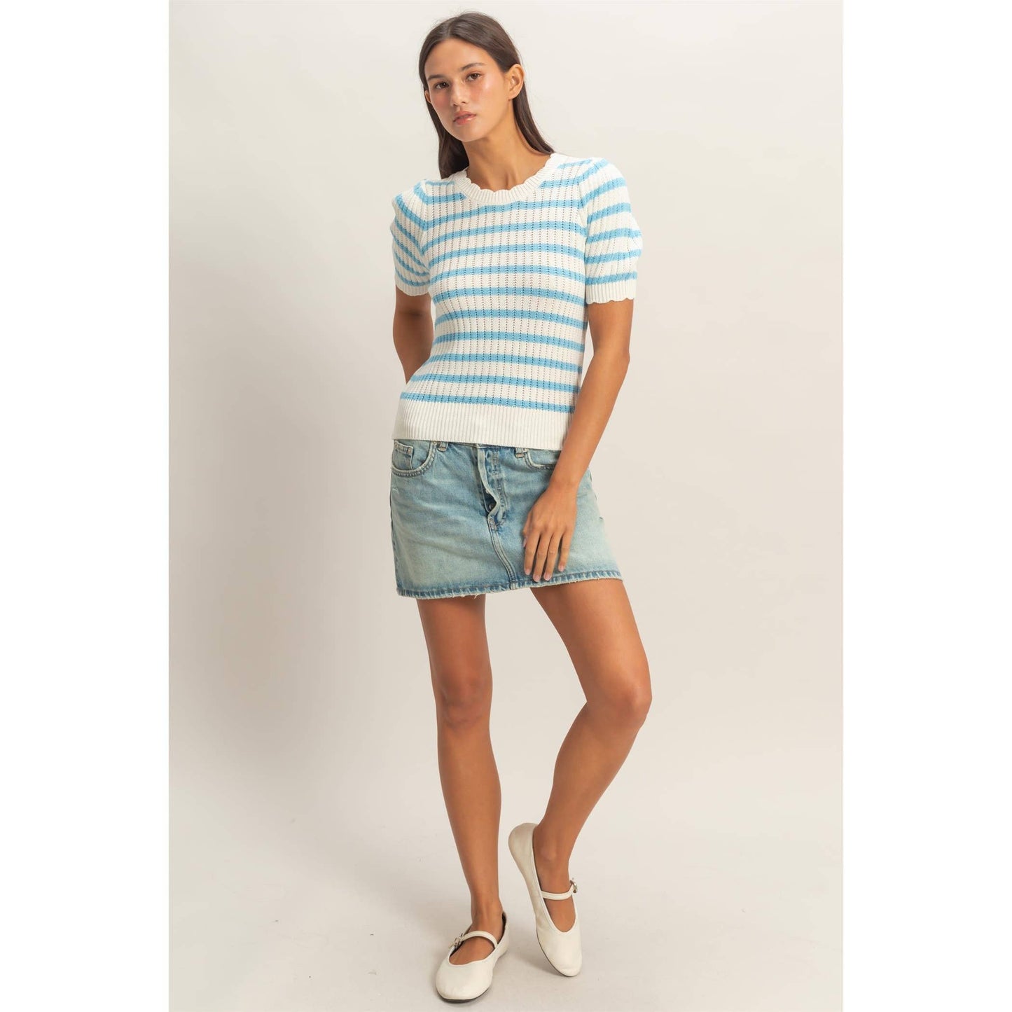 Striped Scallop Edge Puff Sleeve Knit Top