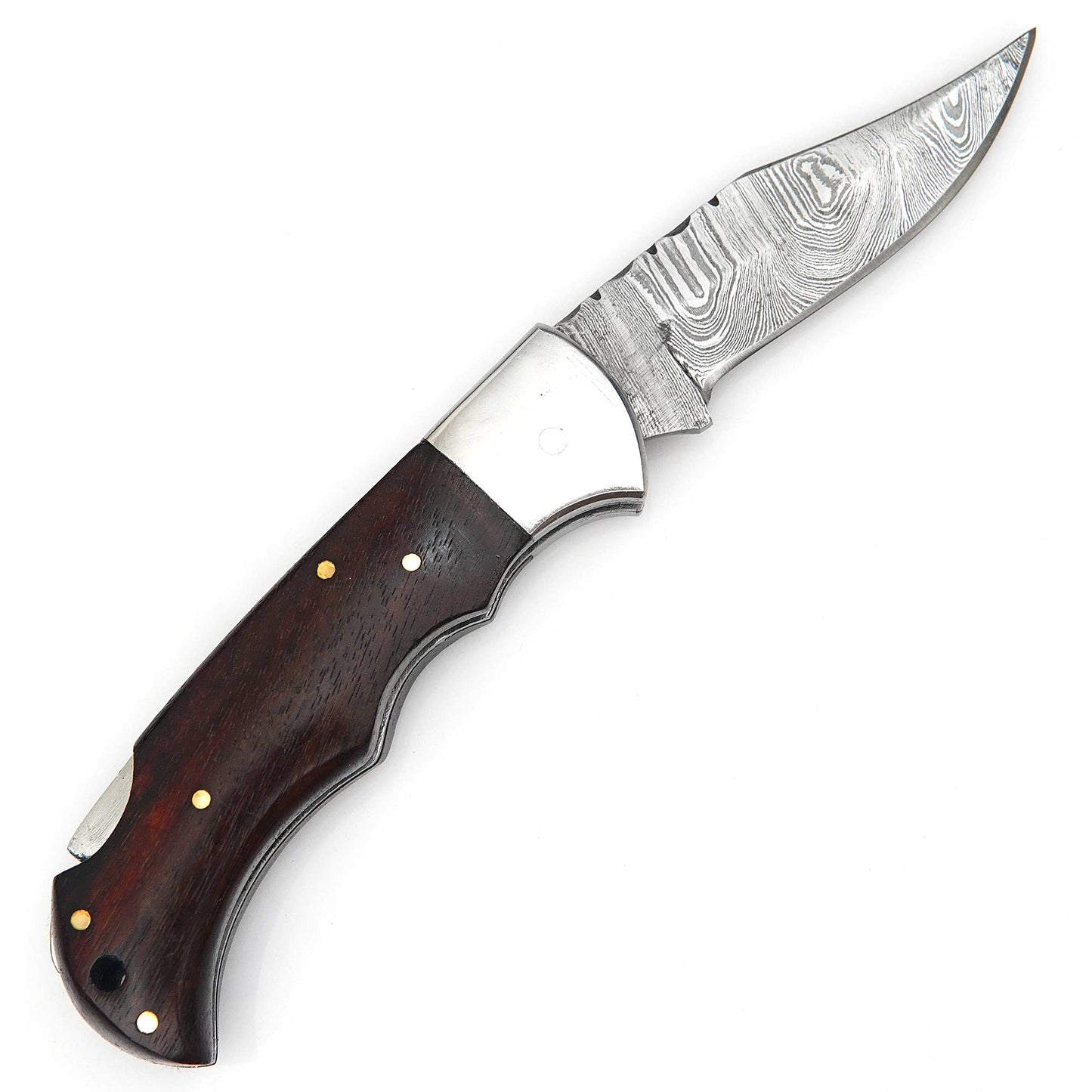 Damascus Folding Knife with Leather sheath for men