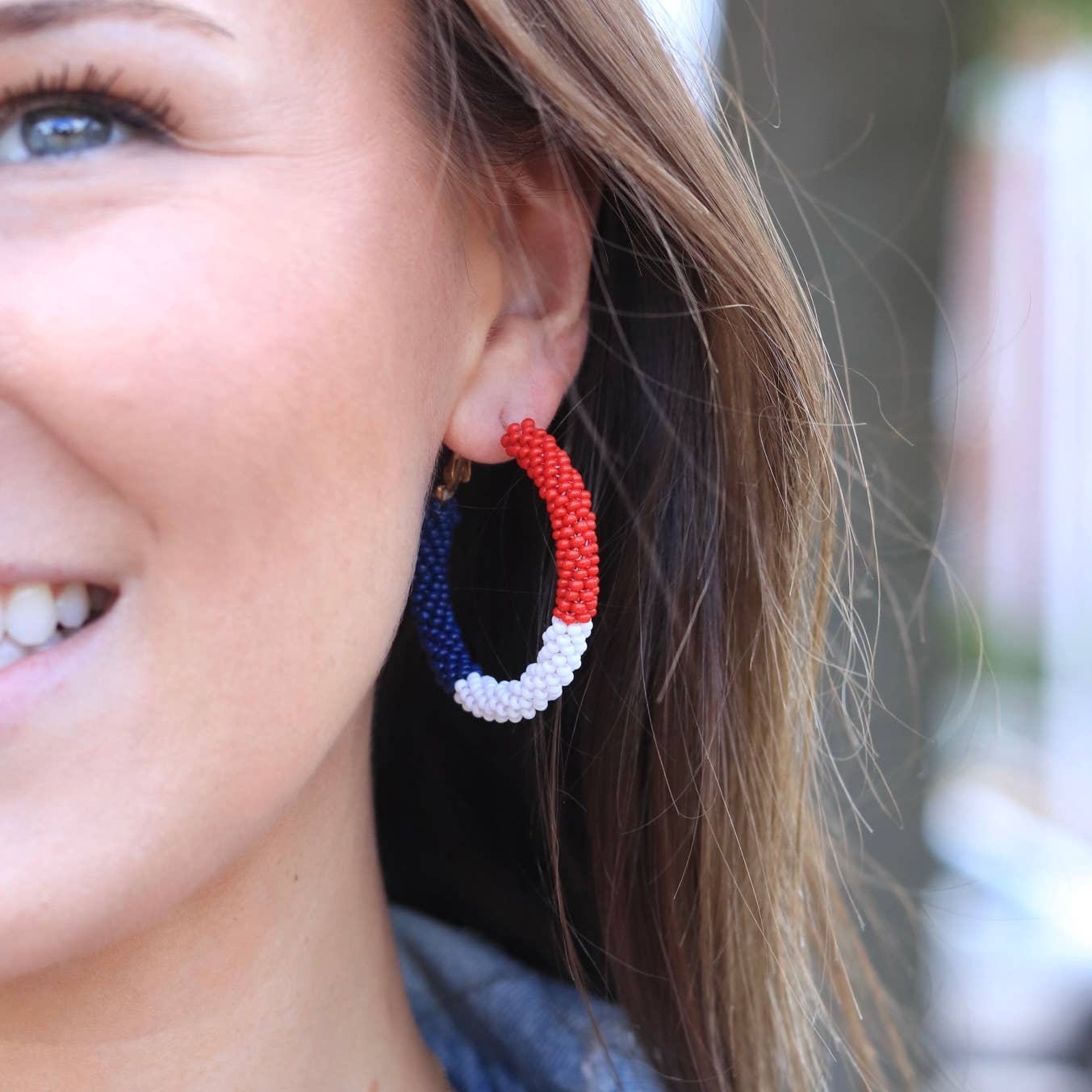 Red White Blue Beaded Patriotic Color Block Hoop Earrings