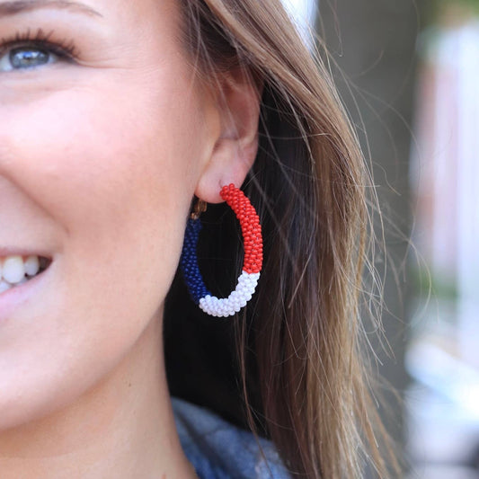 Red White Blue Beaded Patriotic Color Block Hoop Earrings