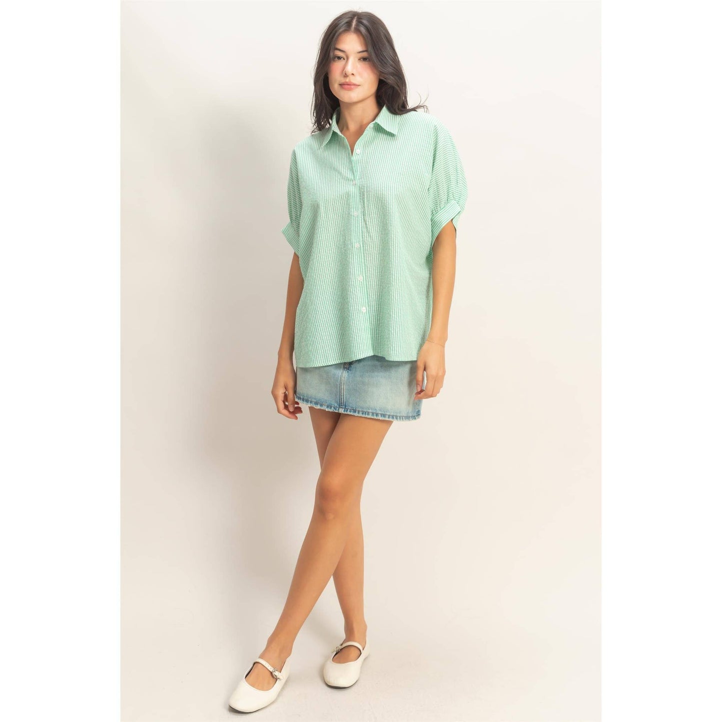 Striped Short Sleeve Button-Front Blouse