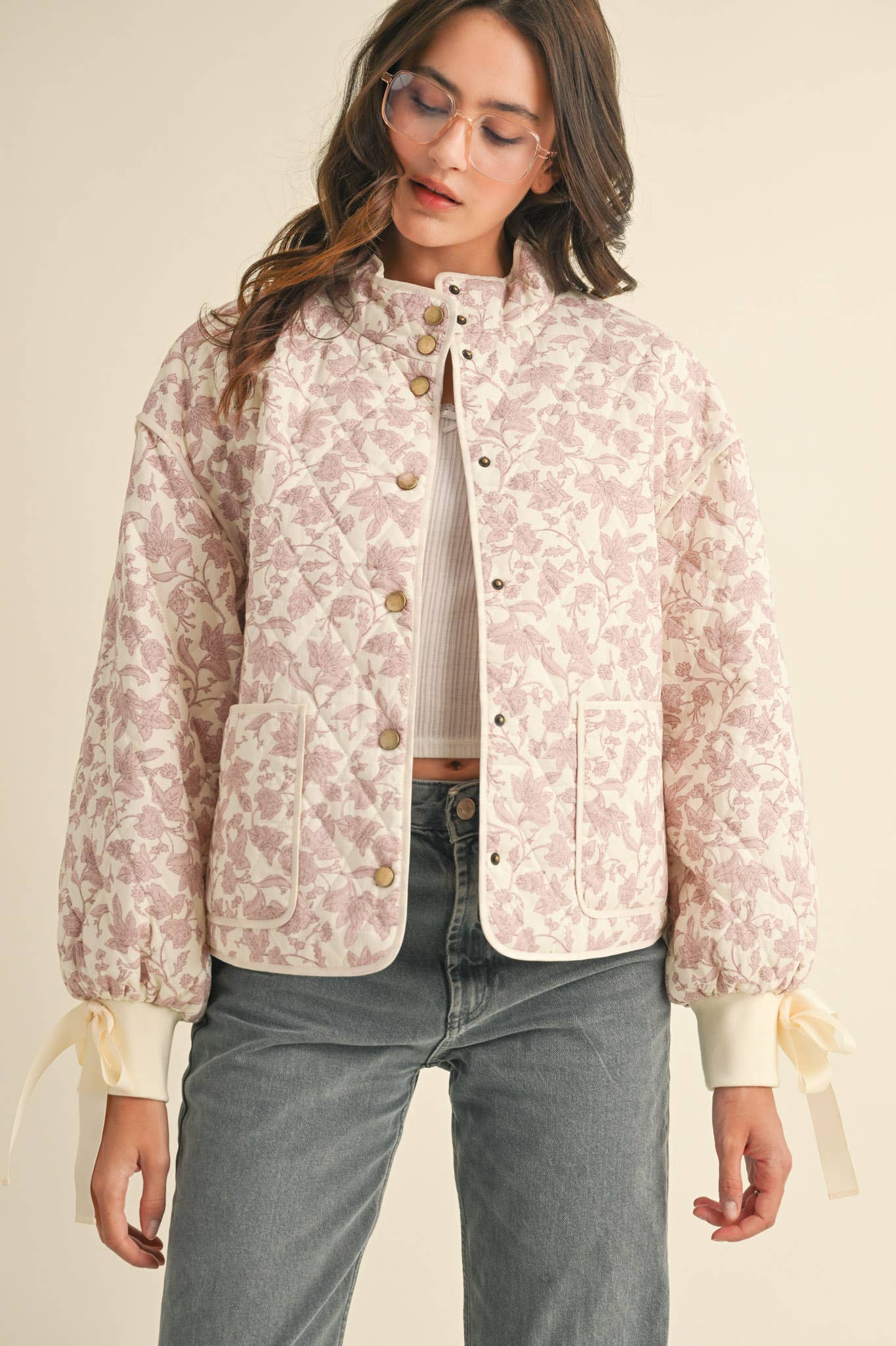 FLORAL QUILTED JACKET WITH RIBBON DETAIL MJK3622
