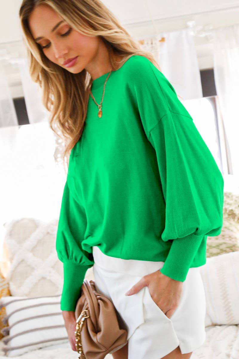 Crew Neck Balloon Long-Sleeve Knitted Sweater Top VT60387