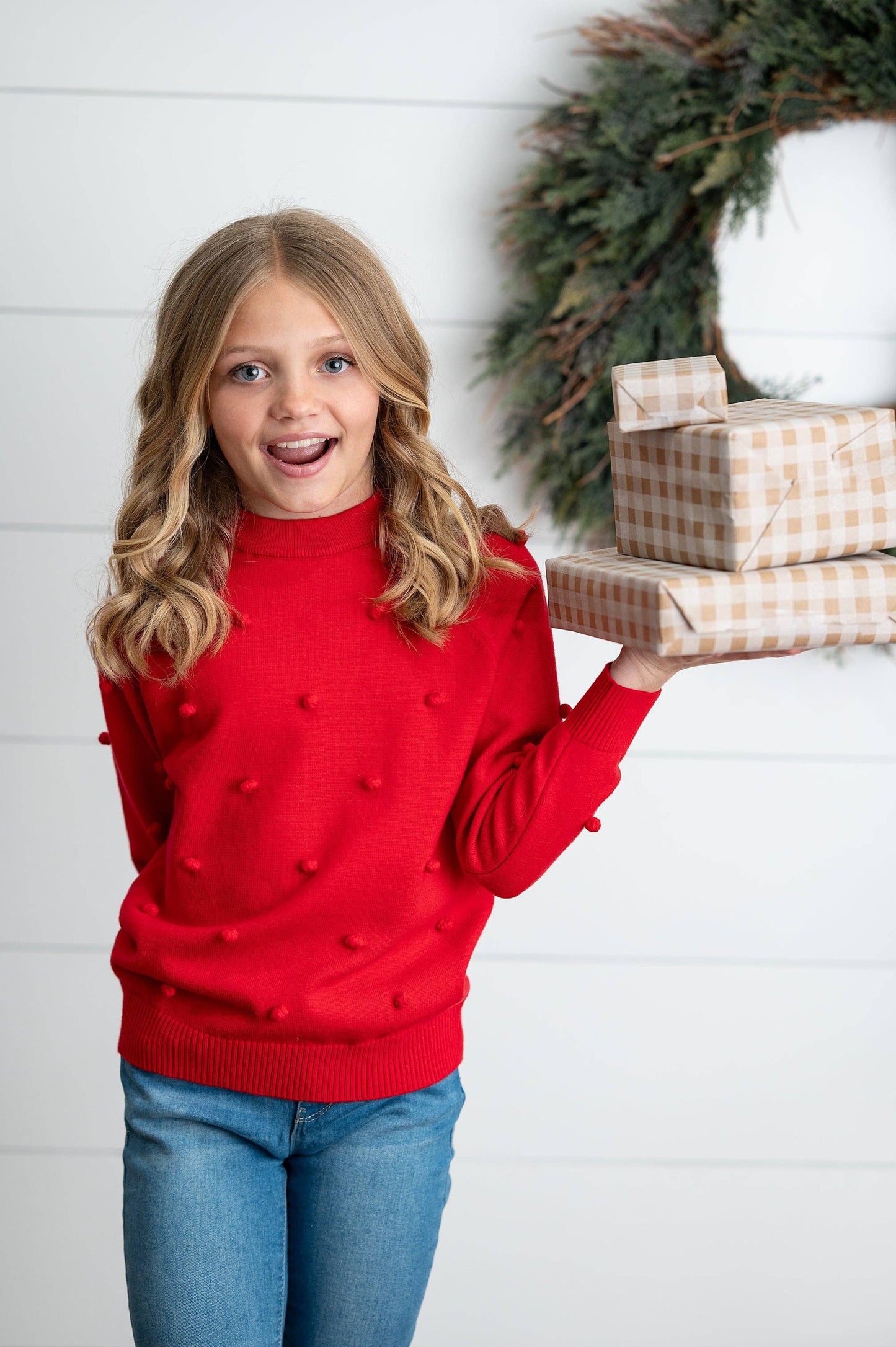 Kids Red Pom Pom Fall Winter Holiday Crew Neck Sweater