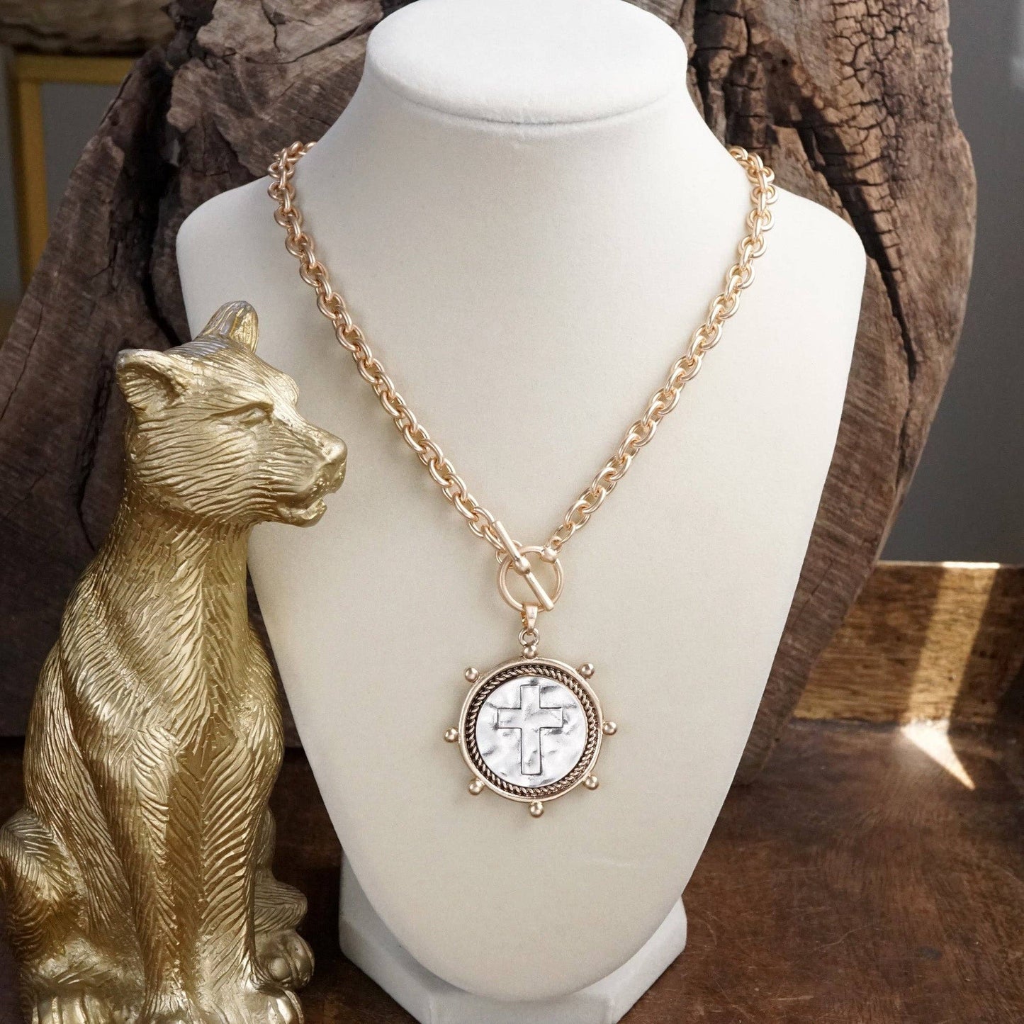 Cross Coin Chain Necklace with Front Toggle Closure – Silver or Gold Tone