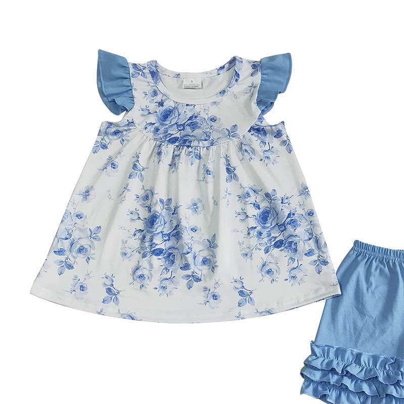 Baby Girls Blue floral pearl ruffle shorts sets