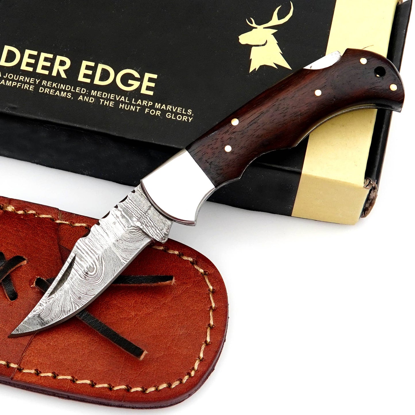 Damascus Folding Knife with Leather sheath for men