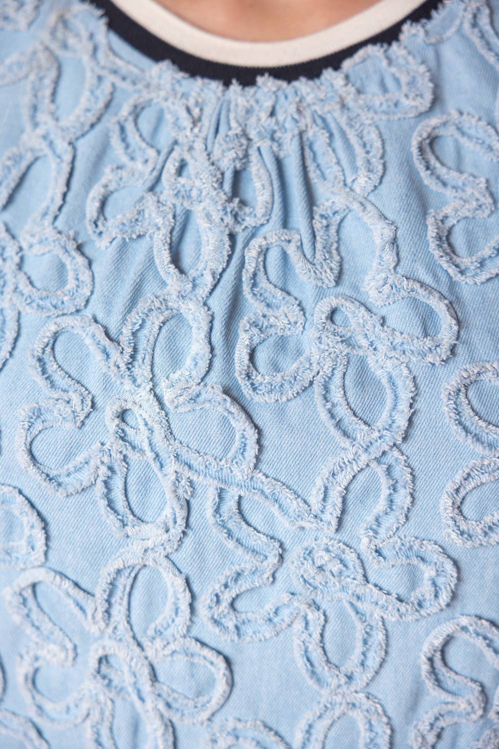 36086 Wave Ribbed Trim Detail Floral Textured Denim Top