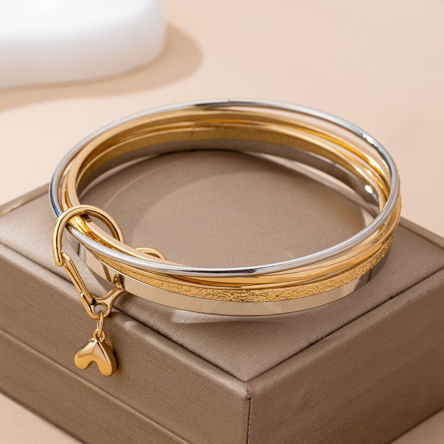Gold Silver Heart Linked Multi Bangle Set Bracelet | 80B1591