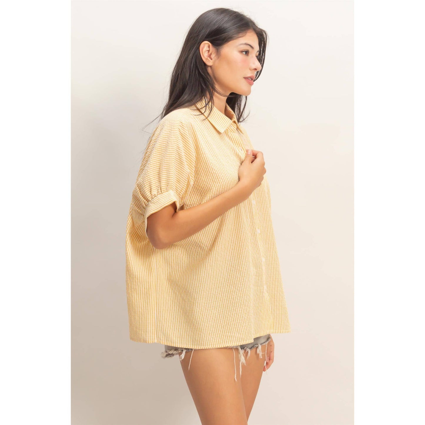 Striped Short Sleeve Button-Front Blouse