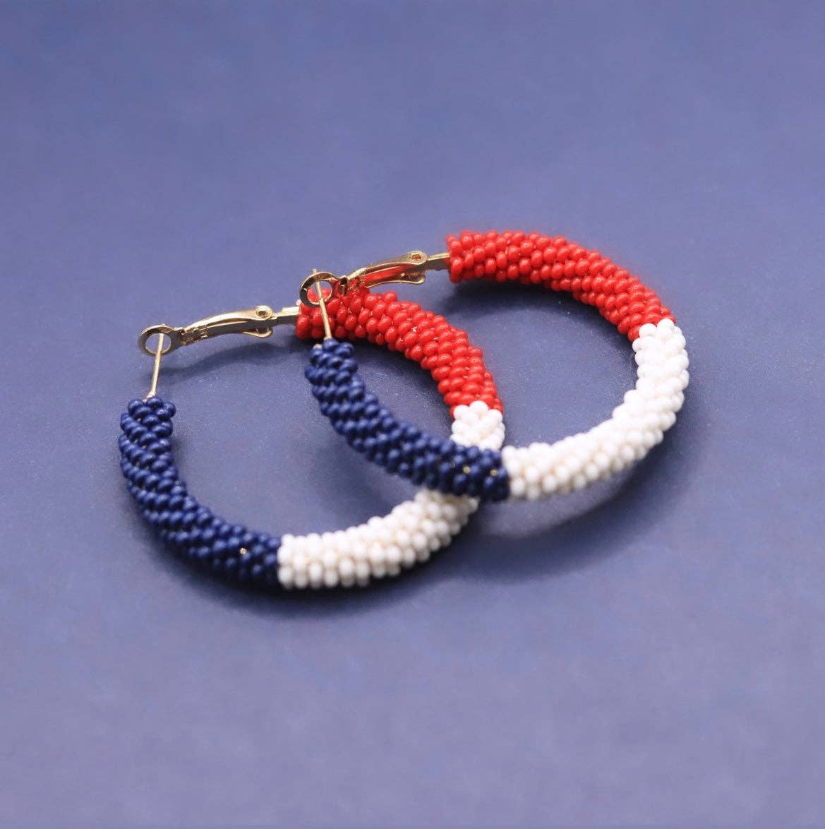 Red White Blue Beaded Patriotic Color Block Hoop Earrings